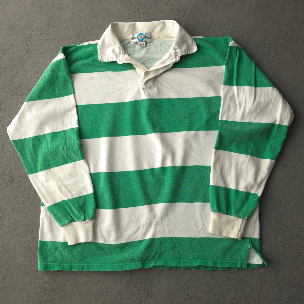 Vintage 90s World Island Green Striped Rugby Shirt XL Long Sleeve World Island